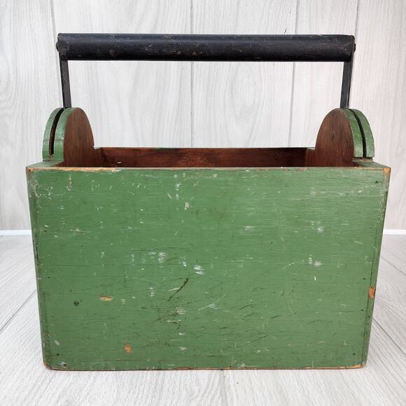 Vtg 1947 Wooden Box 12" X 9"x7" Green Carry All "Cold War Era" Tool Caddy Handle - Picture 4 of 16